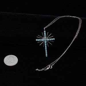 Vintage Petit Point Turquoise Cross Pendant on SS Chain